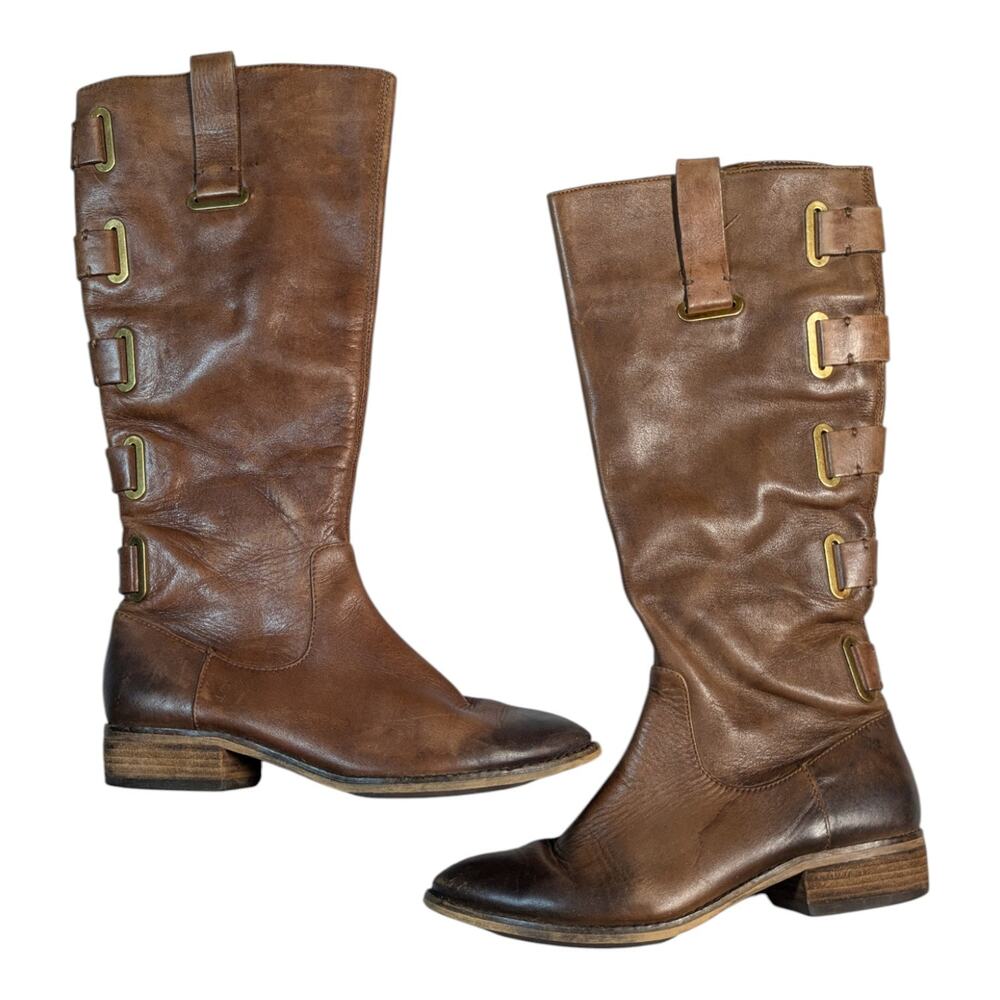 Arturo Chiang Cognac Brown Leather Strap Accent Knee High Flat Riding Boots Sz 7